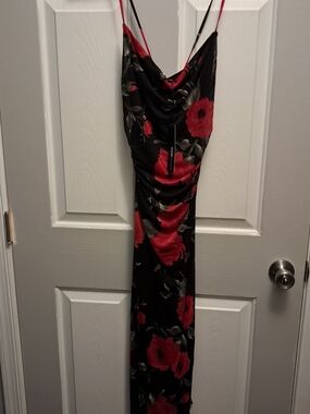Fashion Nova Black Maxi Slip Dress with Red Floral Print